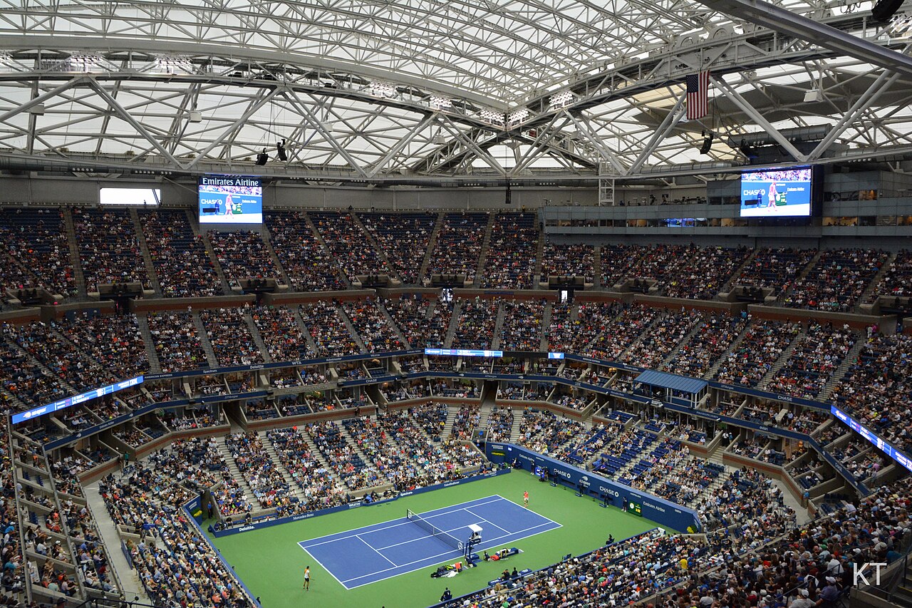 Arthur Ashe Stadium with the roof closed during the 2018 US Open — archival venue still, not the Shelton–Alcaraz night.