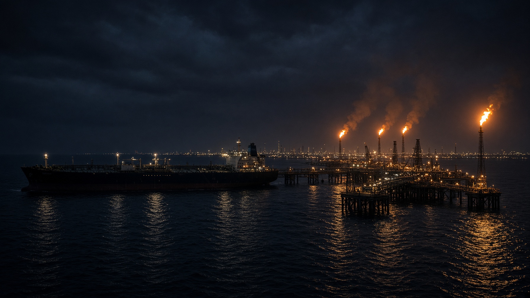 Supertanker and oil terminal at night in the Persian Gulf with flare stacks burning