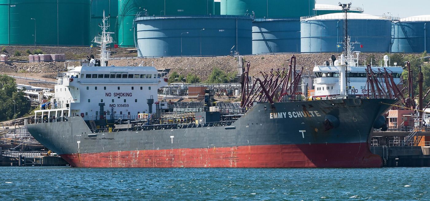 Archival oil tanker Emmy Schulte at Brofjorden product terminal, Sweden, 10 Jun 2017 — not a 2026 Hormuz strike photo.
