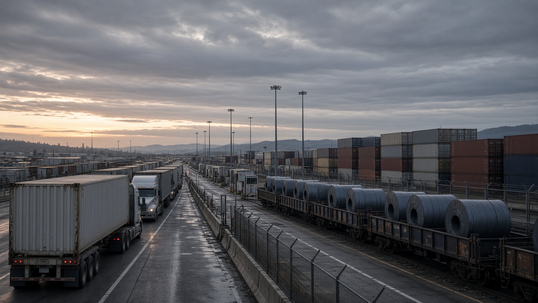 Freight trucks and rail containers queued at a land border crossing at dawn