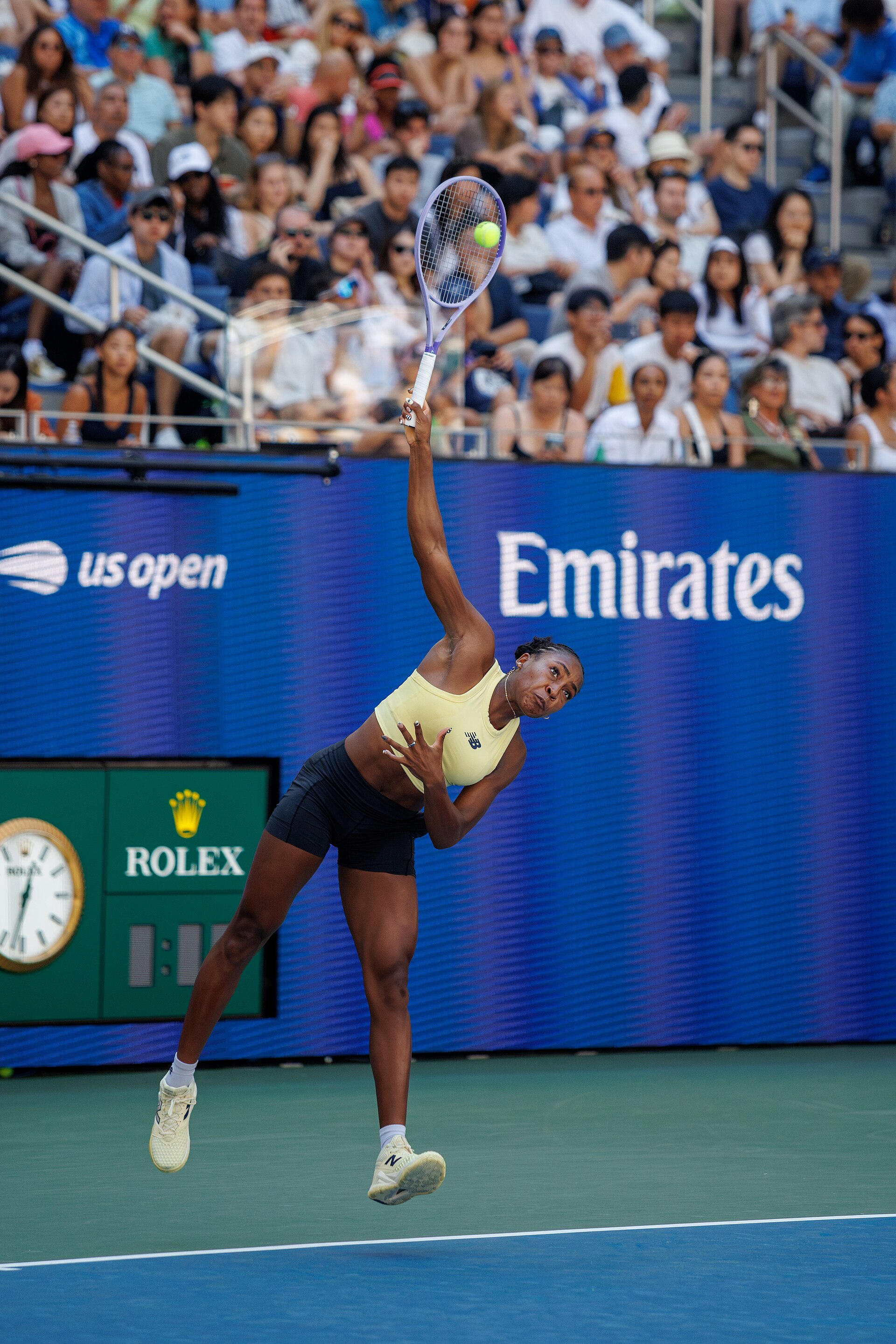 Coco Gauff practicing at the 2026 US Open — practice still, 29 Aug 2026, not this quarter-final.