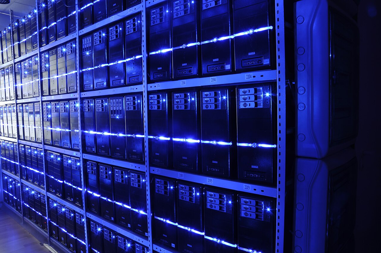 Archival data-center server hall interior — BalticServers, 17 Mar 2013; not a named 2026 hyperscaler campus and not AI-generated racks