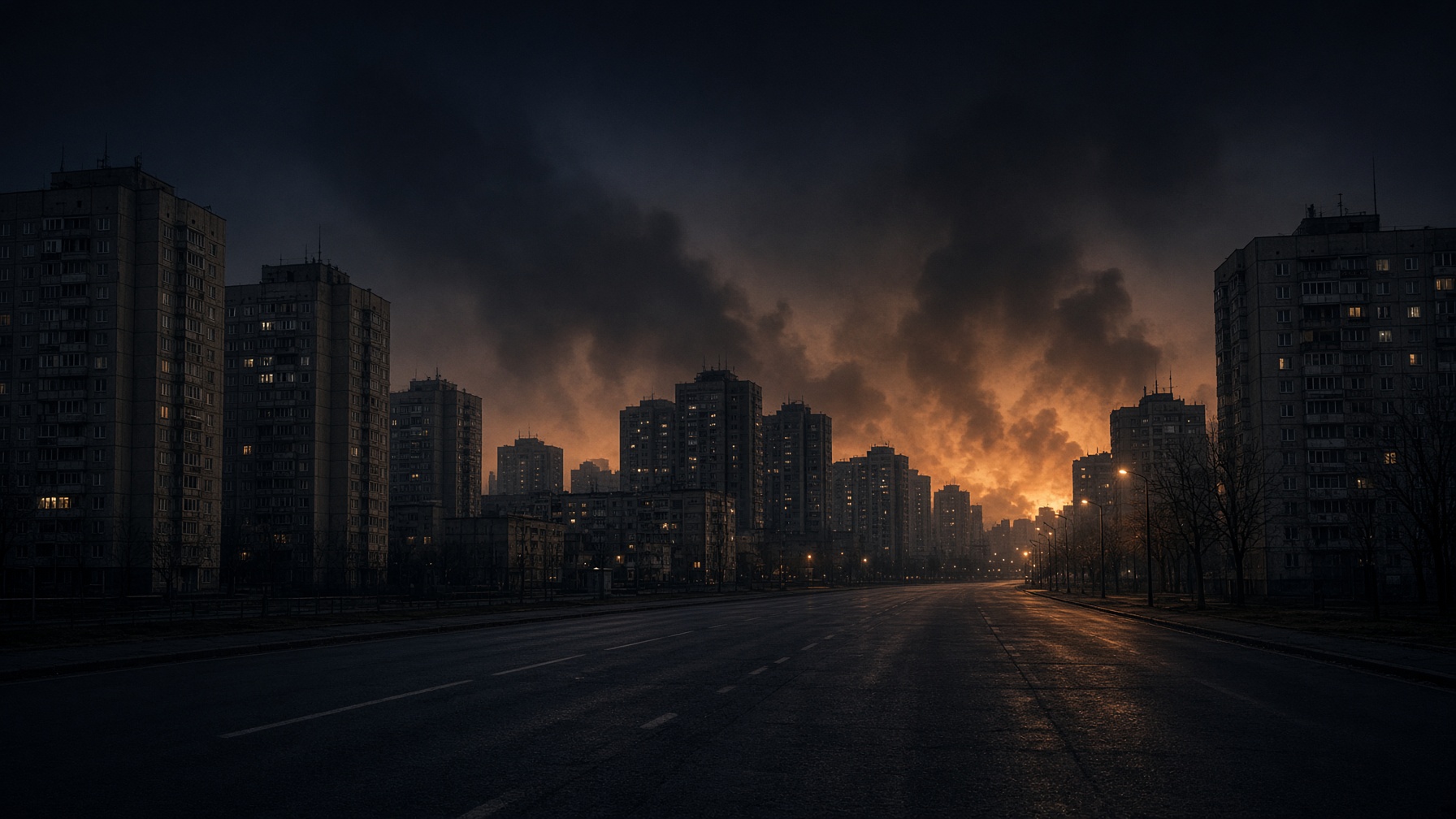 Night skyline of concrete apartment towers with smoke on the horizon