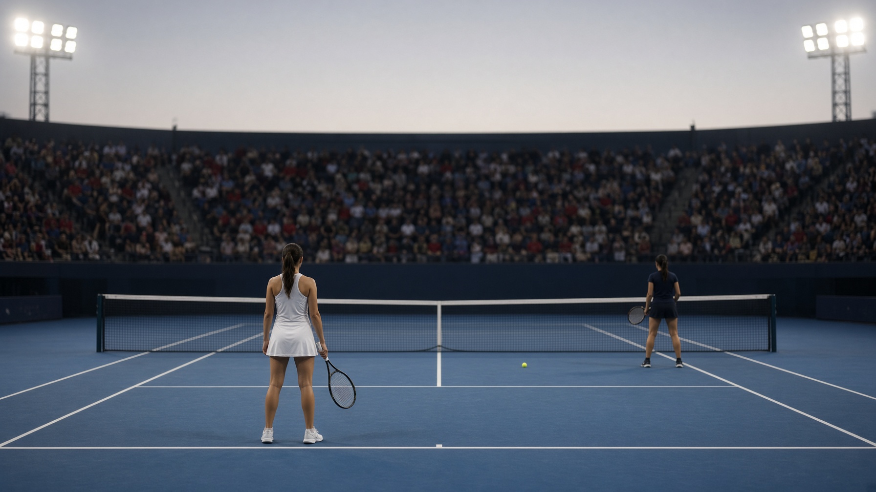 Dusk tennis stadium, two players seen from behind on a blue hard court under floodlights, no identifiable faces