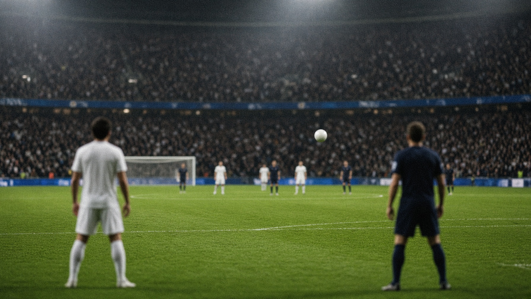 Floodlit European stadium at night, two players seen from behind near the box, ball in the air, no identifiable faces or crests