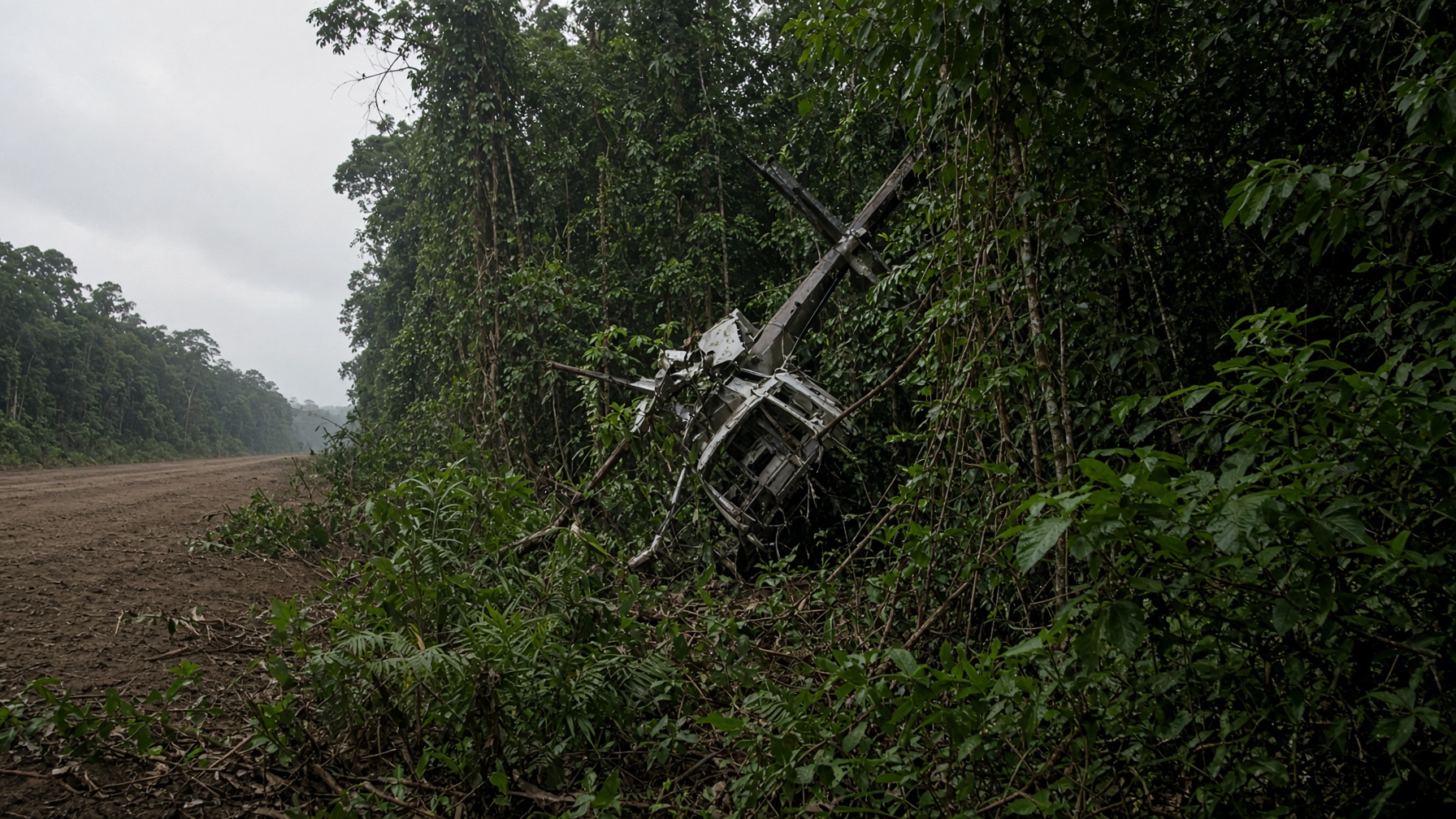 Twisted light-helicopter wreckage in dense rainforest beside a dirt airstrip