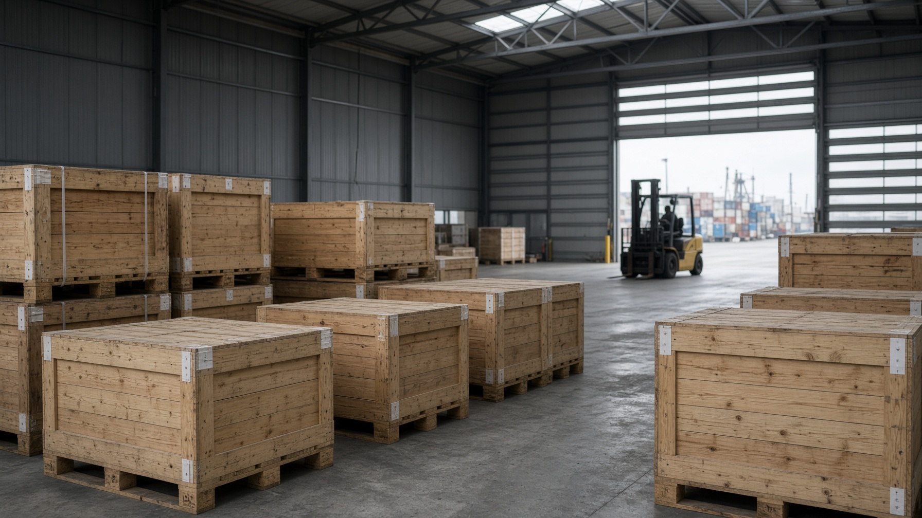 Sealed crates and pallets stacked in a grey European customs warehouse