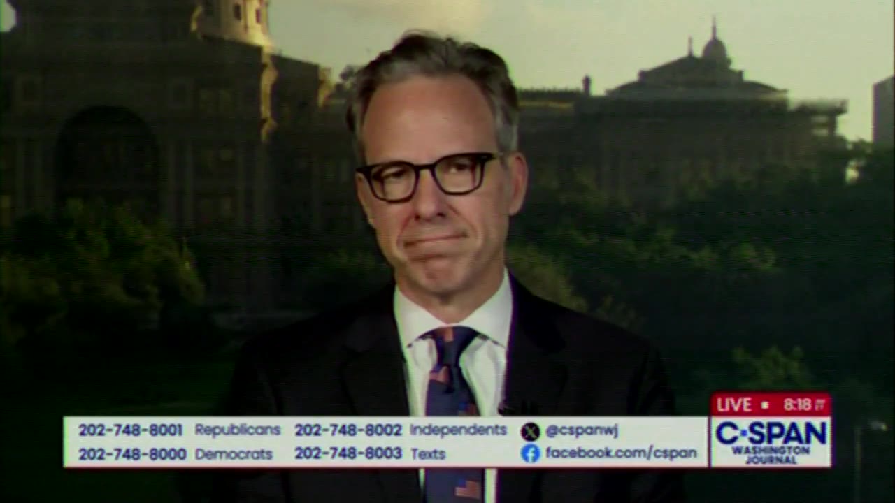 C-SPAN Washington Journal live still of CNN's Jake Tapper, 17 June 2025. Capitol behind him. Official C-SPAN WJ lower-third with call-in numbers. Real broadcast still. Not AI.