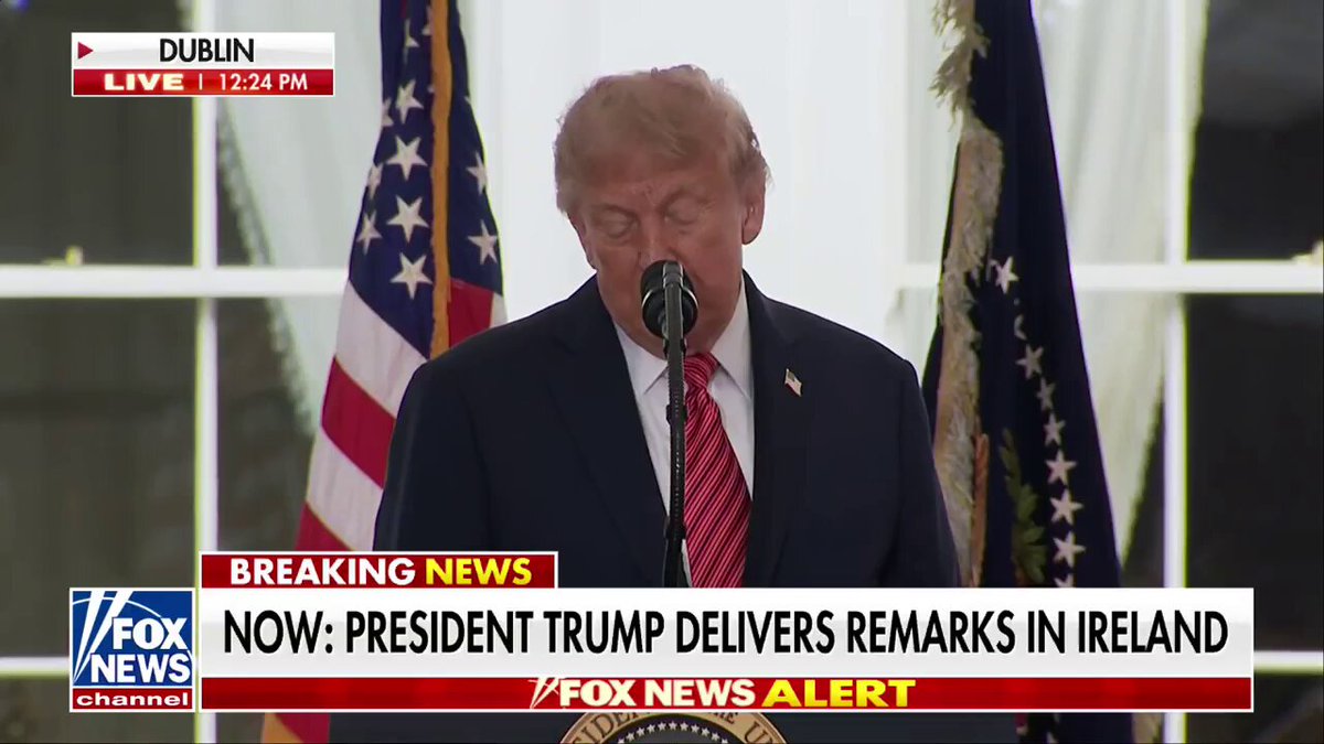 Fox News live still of President Donald Trump at a lectern in Dublin, 12 September 2026, 12:24 local. American flags behind him. Breaking News lower third: President Trump delivers remarks in Ireland. Real broadcast still.