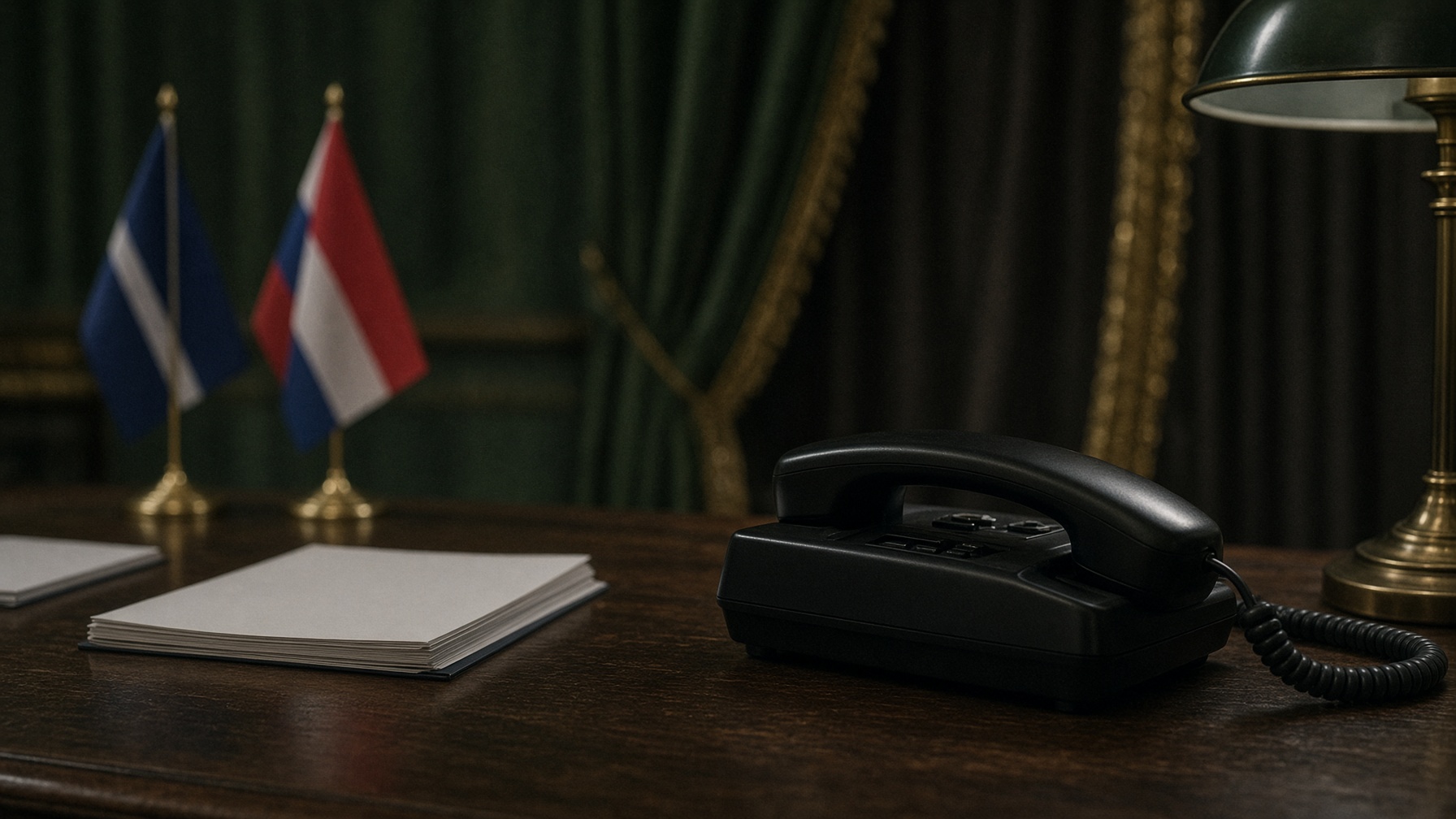 Empty diplomatic telephone on a dark wood desk under a lamp