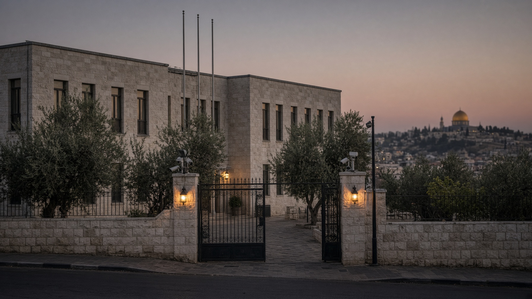 Closed iron gate in front of a pale stone diplomatic compound at dusk