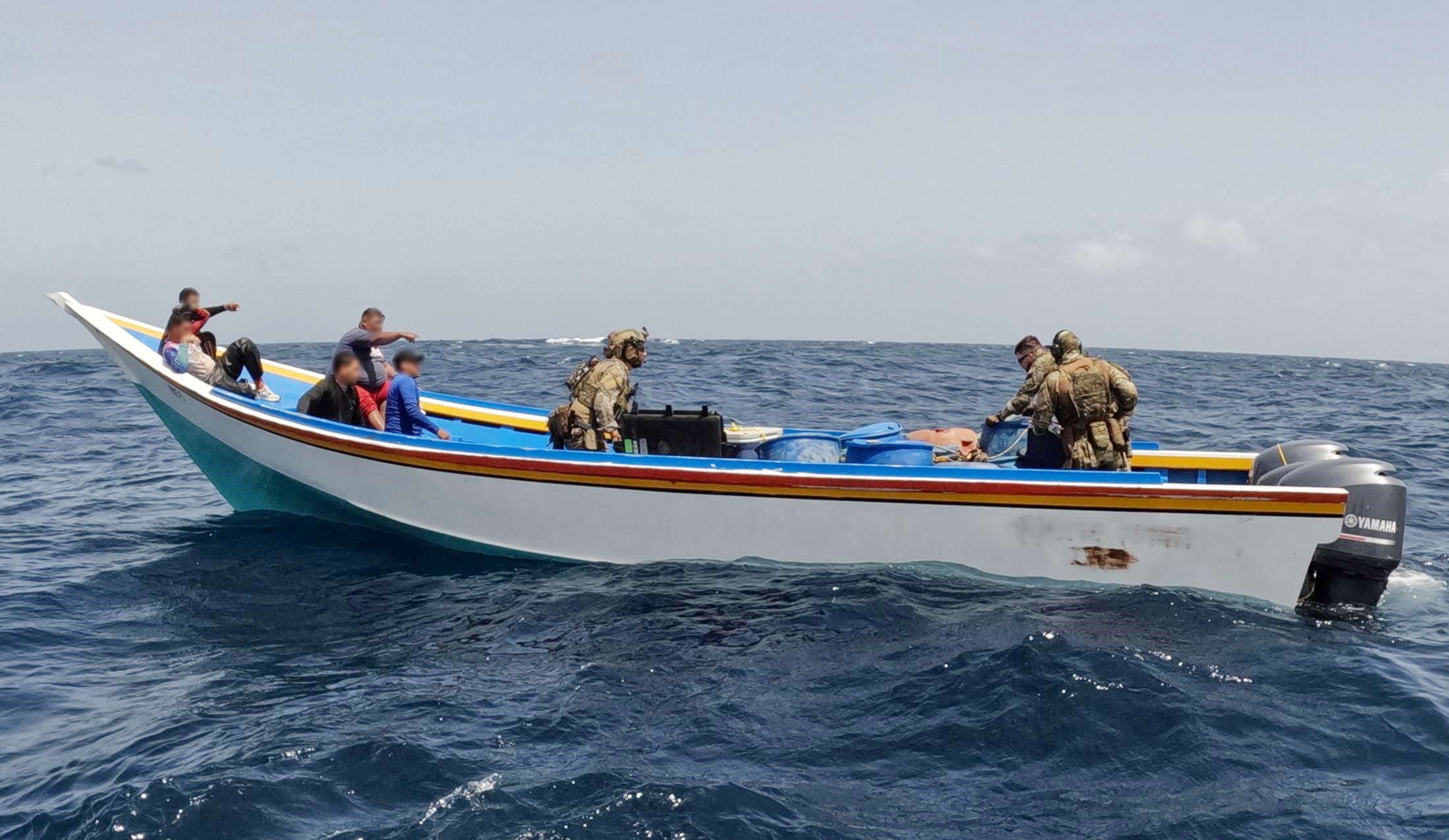 U.S. Coast Guard boarding team on a suspected drug-smuggling vessel in Caribbean operations — archival Operation Southern Spear context still, not this strike’s aftermath